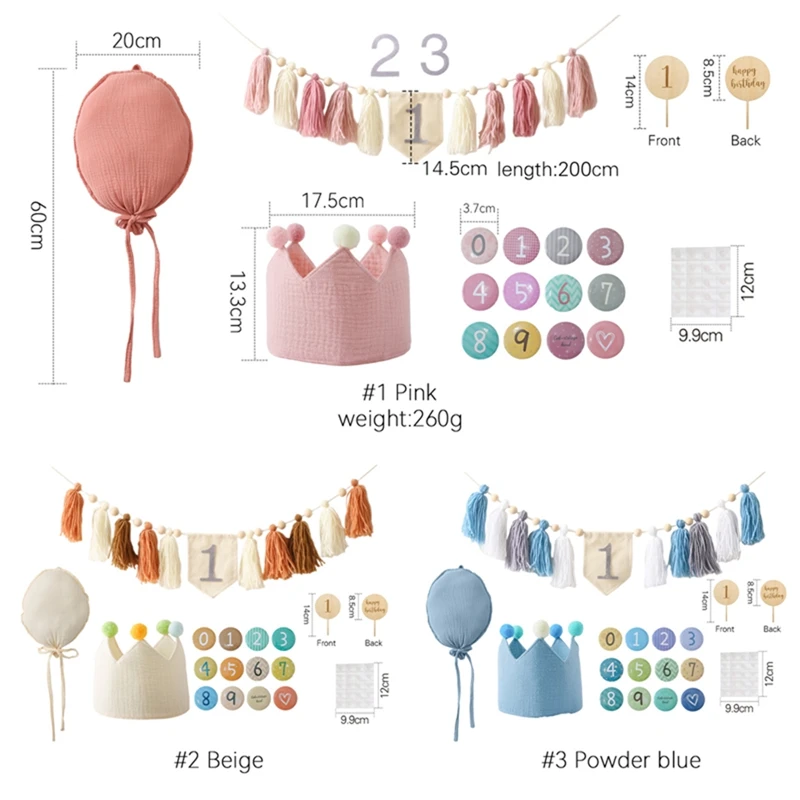 1-3 Year Happy Birthday Banner Cotton Hat Handmade Tassel Pendant Baby Birthday Party Supply Balloon Wall Hanging Ornament