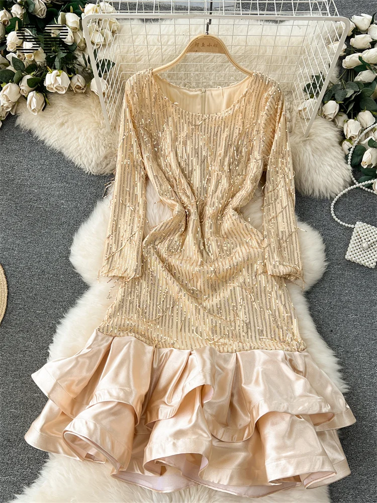 SINGREINY Sequines Patchwork Satin Evening Dress Women O Neck Zipper