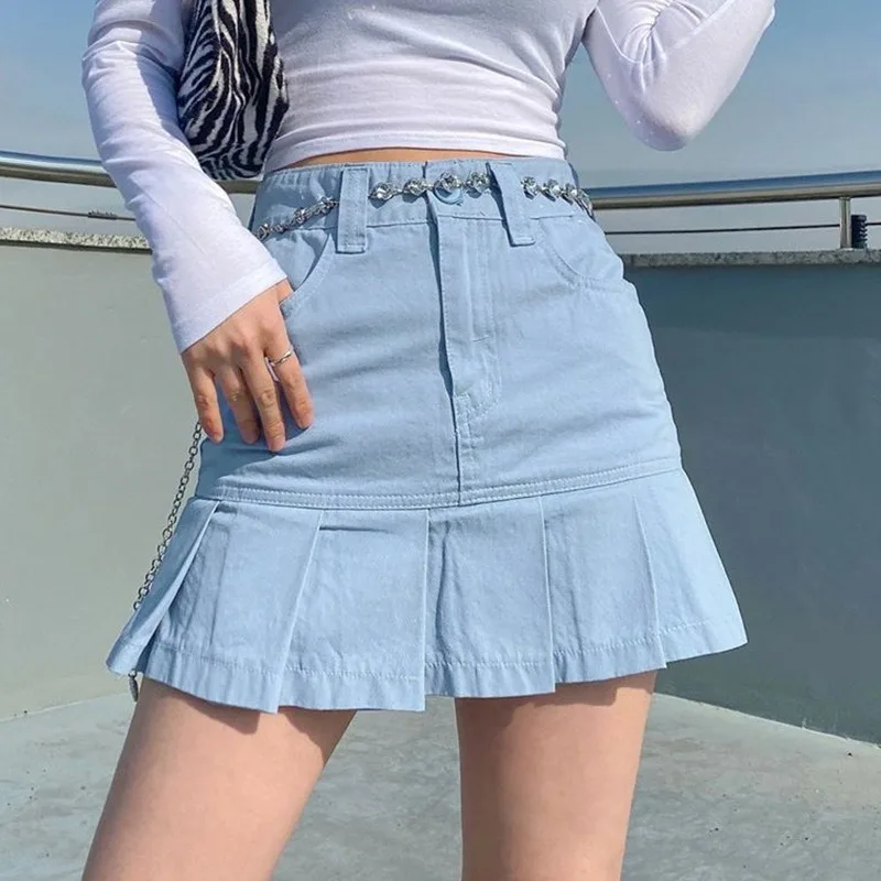 Women's Skirt 2024 Summer Fashion Button Pure Cotton Sexy Pocket Pleated Skirt Mini Skirt Street Clothing Black Blue Korean смеситель grohe blue pure 30387000 для кухни