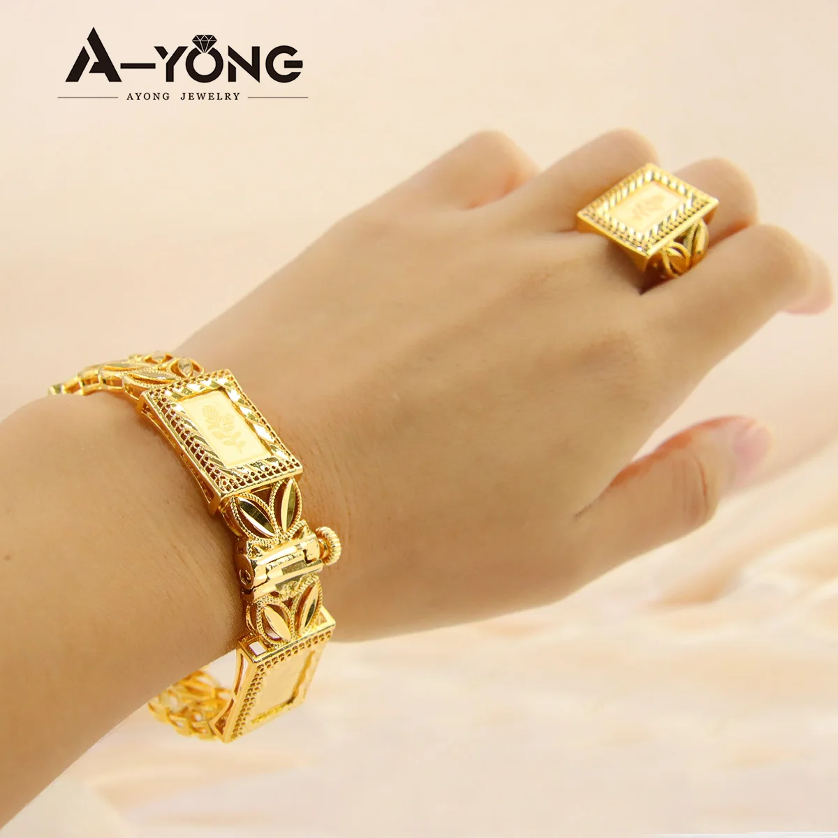 Arabisches Modeschmuck-Set 21k Vergoldet Algerien Braut Hochzeit Armreifen Ringe Oman Muslimische Frauen Vintage Party Schmuck – Detail 8