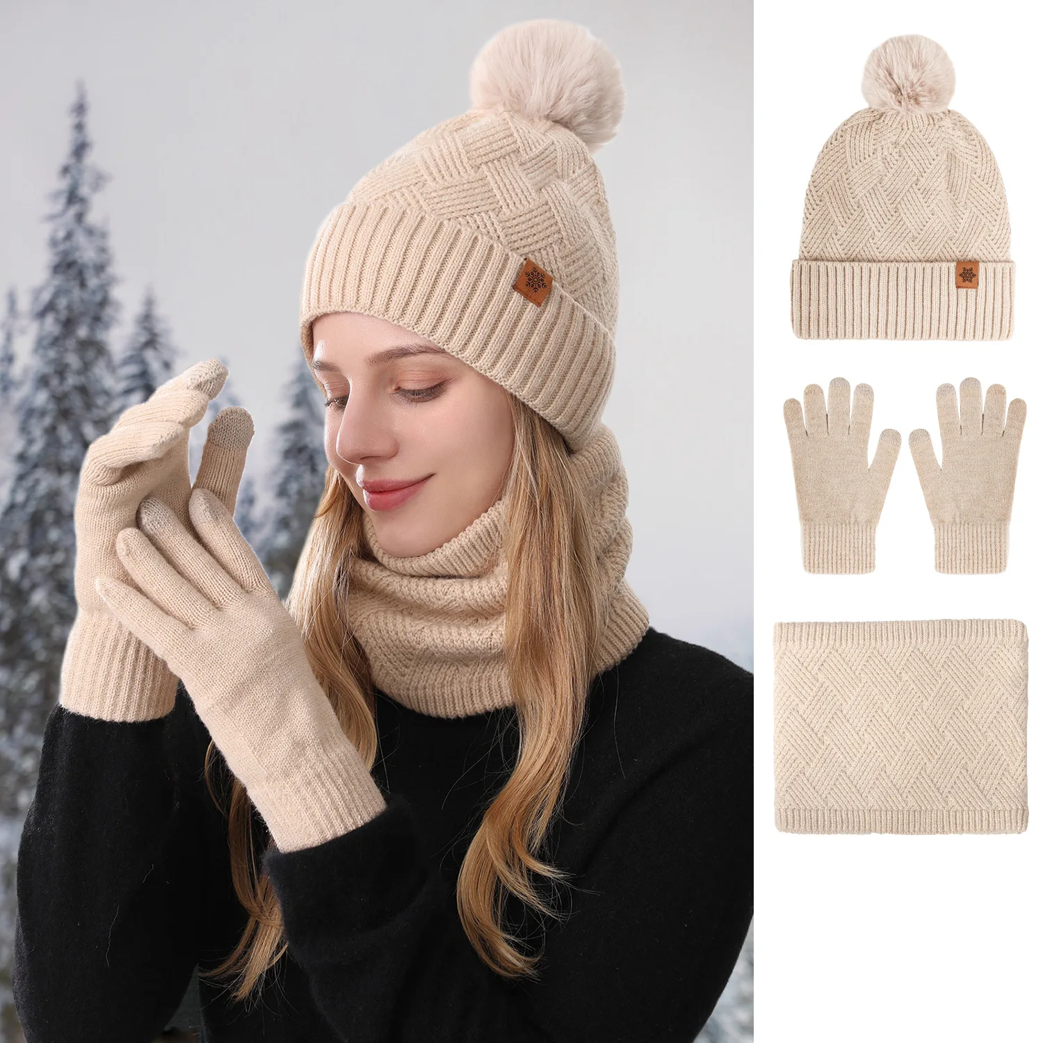 Herren/Damen Outdoor Warme Fleece-gefütterte Strickmützen Winter Kältebeständige doppellagige Strumpfmütze Einteiliges/dreiteiliges Set Skullies