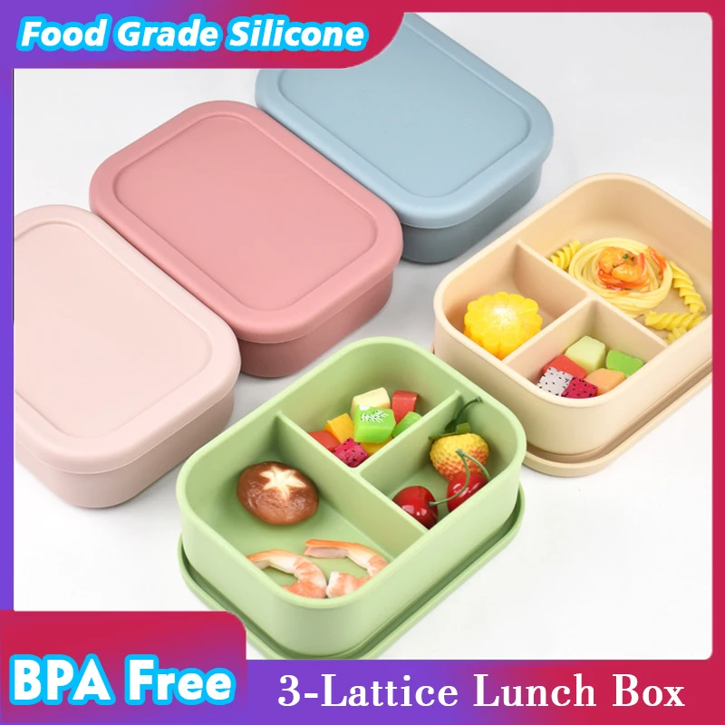 Silicone 3-Lattice Lunch Box Food Grade BPA Free Microwave Bento Box cold storage Safe Lunch Snack & Food Container With cover