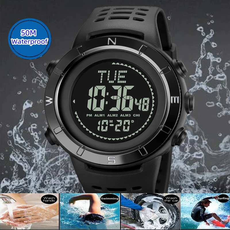 Skmei Electronic Compass Digital Watches for Mens Multiple Time Zone LED Waterproof Sports Wristwatch 3 Alarm Clock view 6