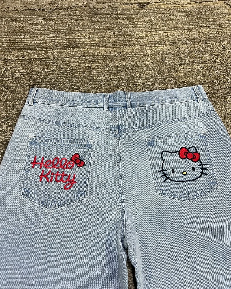 Y2K 하라주쿠 패션 새로운 패턴 자수 루즈 데님 캐주얼 반바지, 빈티지 스트리트웨어, 인기 조커 고딕 하이 웨이스트 반바지