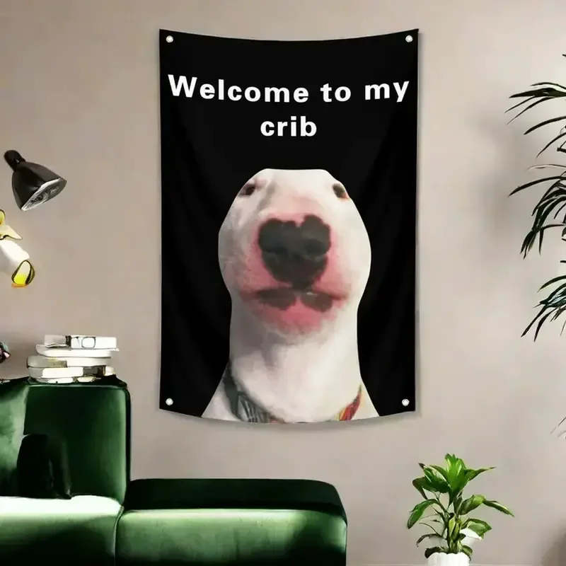 VIKAMA Lustiger Bullterrier-Meme-Wandteppich aus Polyester, „Welcome to My Crib“, Wandbehang, ästhetische Wohnheimdekoration – Detail 1