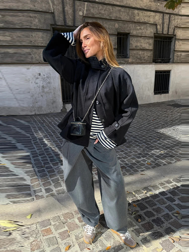 Stehkragen Woolen Mantel Frauen Elegante Langarm Einreiher Lose Frühen Frühling Bomber Mantel Jacken Neue Dame Oberbekleidung – Detail 1
