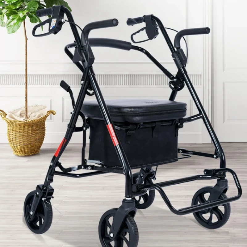 Armrest Folding Can Sit Walking Stick Chair Mobility Aids Portable Travel Elderly Trolley Shopping Four-wheeled Walking Cart 3
