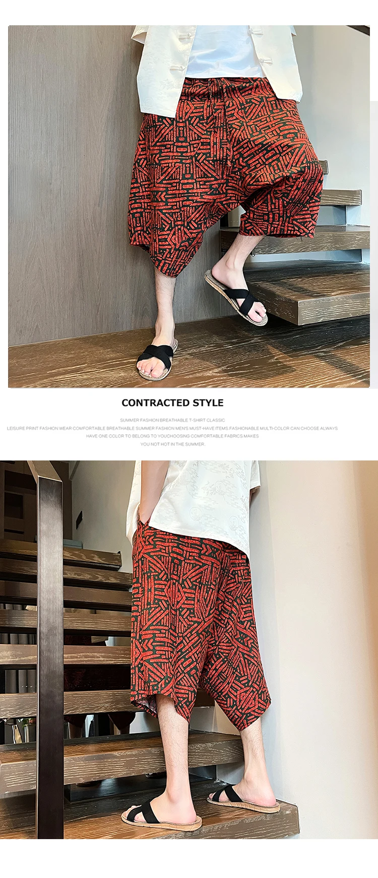 hosen herren gym Baggy Pants im chinesischen Stil Männer Boho Holiday Print Shorts Frauen Modetrend minderwertige, locker sitzende Hosen – Detail 12
