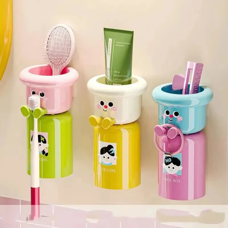 Cartoon Magnetic Toothbrush Holder Punch-Free Upside Down Wall Mounted Bathroom Storage Rack Gargle Cup Organizer_voghion.com