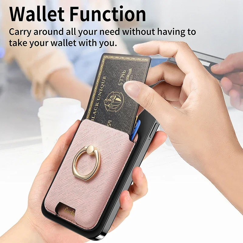 360 Rotation Saffiano Leather Magnetic Card Holder and Wallet Stand