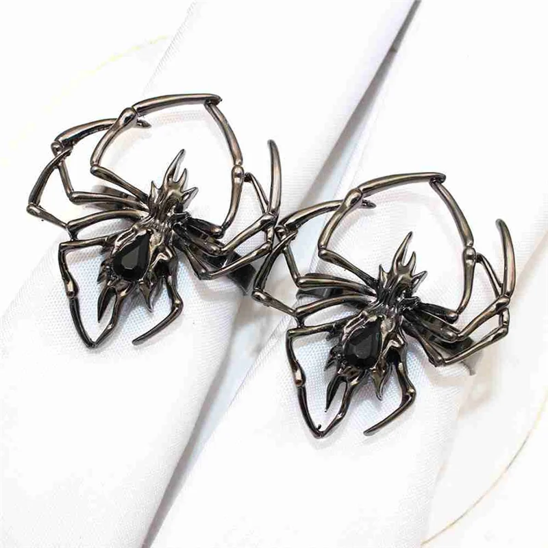 A68G-할로윈 냅킨 링 홀더 6개 세트, 거미 냅킨 링 버클 소름 끼치는 라인스톤 냅킨 링 홀더 금속 합금
