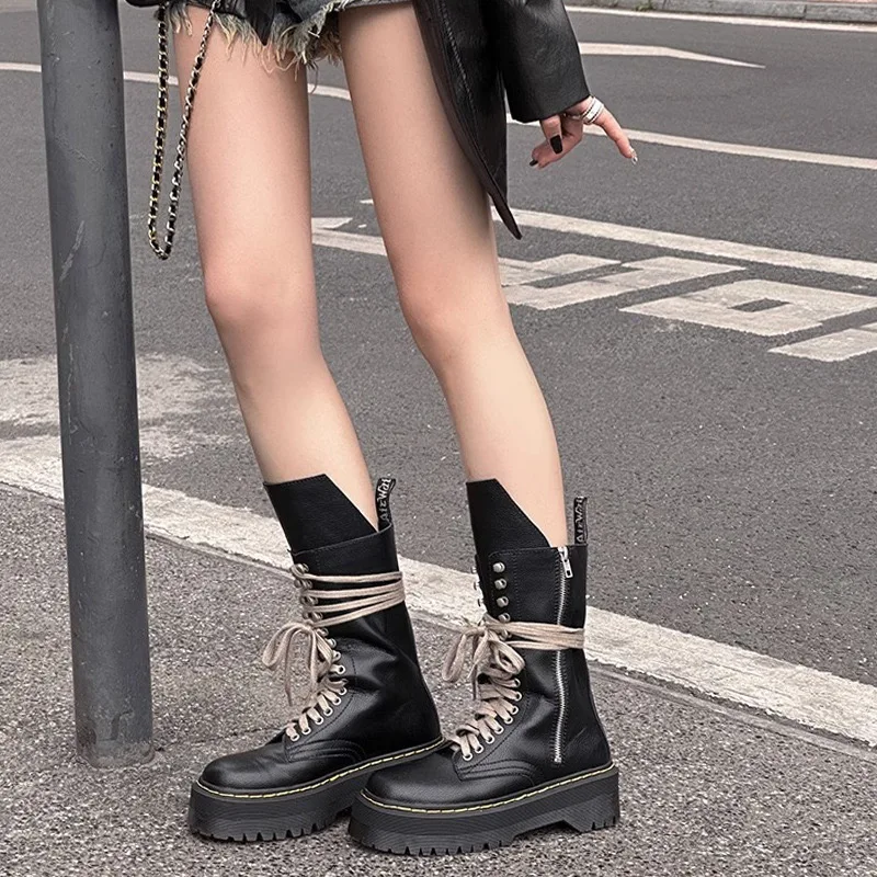 Women's Black Leather Motorcycle Boots with Chunky Platform Soles and Zipper - true deals club