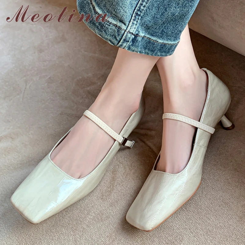 

Meotina Women Genuine Leather Square Toe Mid Heels Pumps Shallow Strange Style Ladies Fashion Shoes Spring Summer Apricot 40