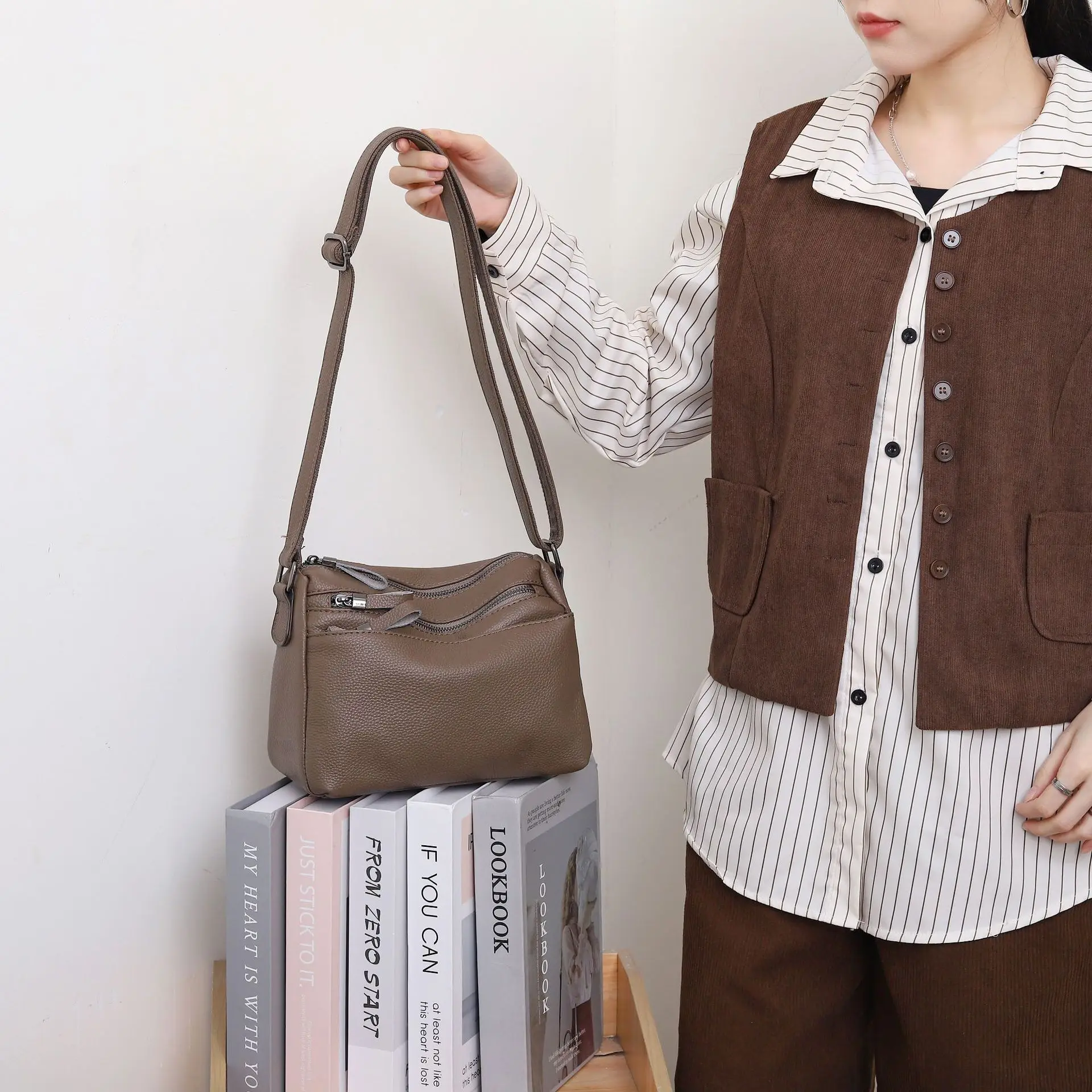Women's Genuine Leather Crossbody Bag, Multi-Pocket Organizer Tote, Diaper Bag for Moms, Full-Grain Leather Handmade Purse 4