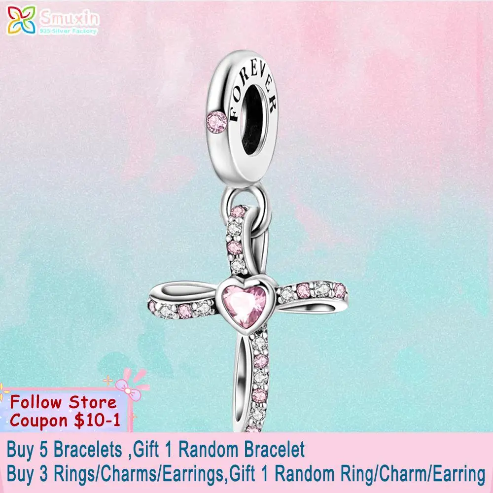 

Smuxin 925 Sterling Silver Beads Cross Pink Zirconia Dangle Charm fit Original Pandora Bracelets for Women DIY Jewelry Making