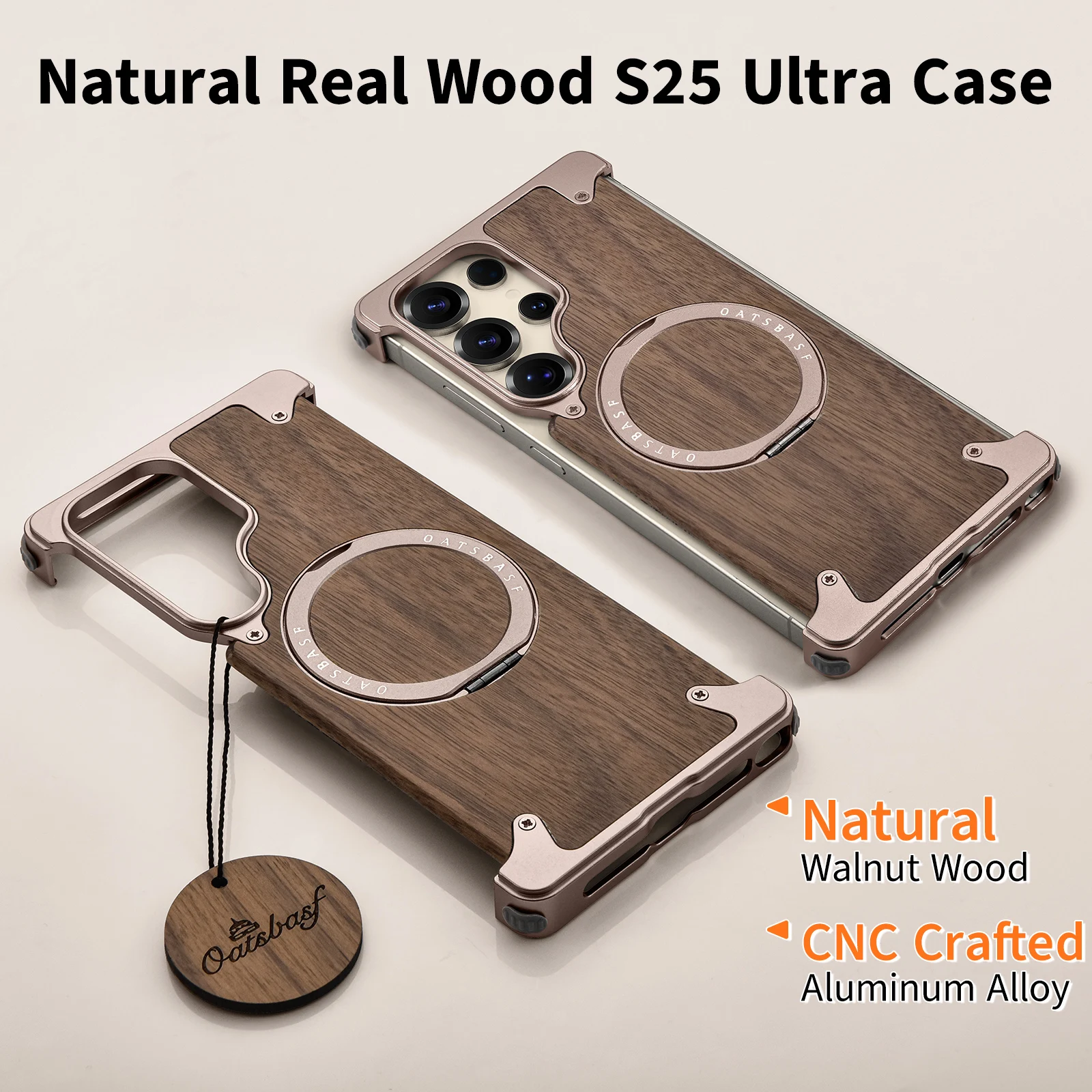 Eary Wood Phone Case for Samsung Galaxy S25 S24 Ultra Magnetic with Stand 360° Rotate Magsafe Bumper Frameless Protective Cover