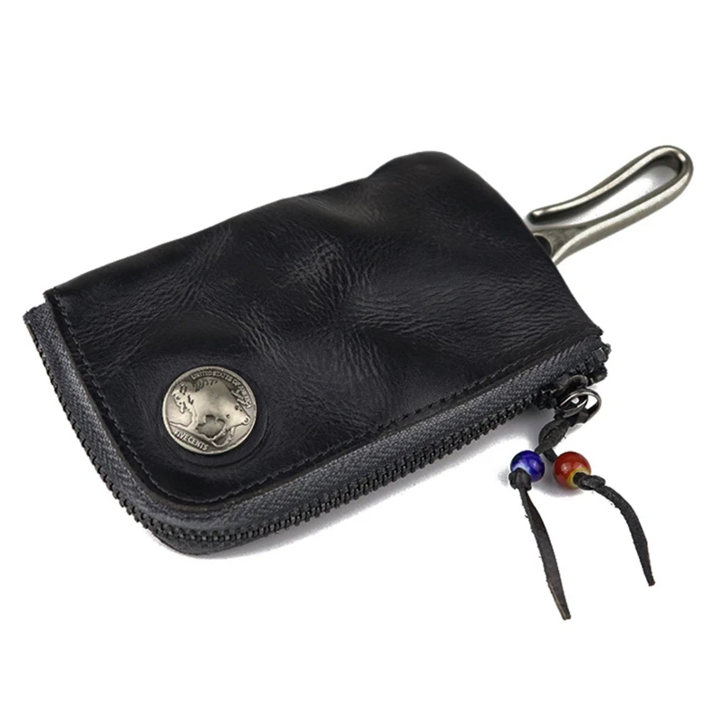 E74B Portable Leather for Key Wallet for Men Short Vintage Zipper Car Keys Holder Coin Purse Card Case Bag Organizer