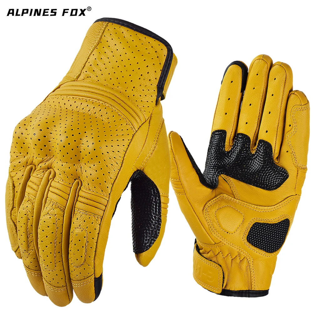Summer Brown Perforated Retro Goat Leather Full Finger Motorcycle Gloves