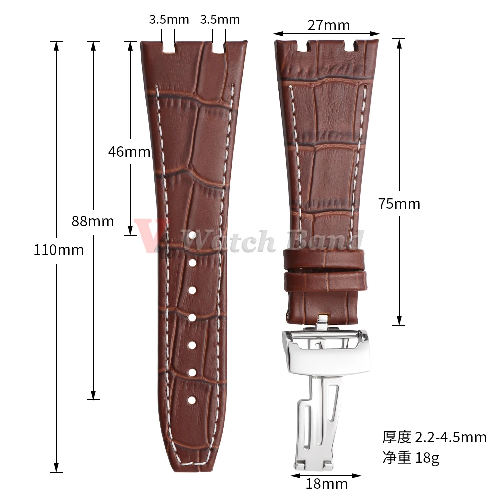 Premium Leather Watchbands - 27mm Cowhide Straps with Folding Buckle