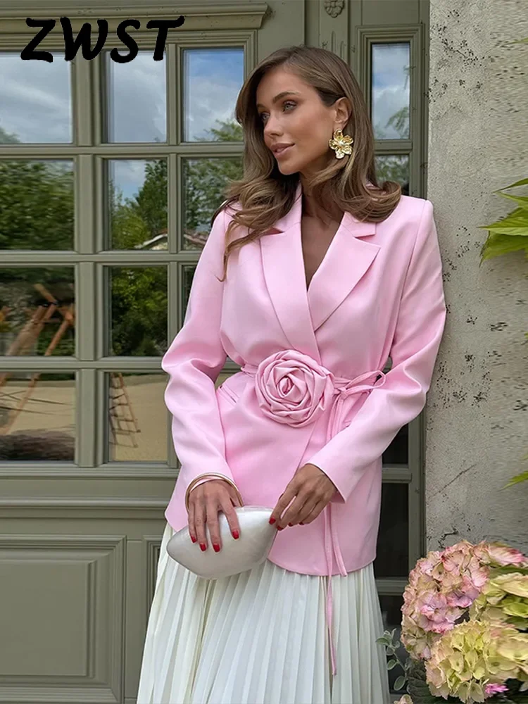 Elegant 3D Flower Lace Up Blazer Women Pink Loose Long Sleeve