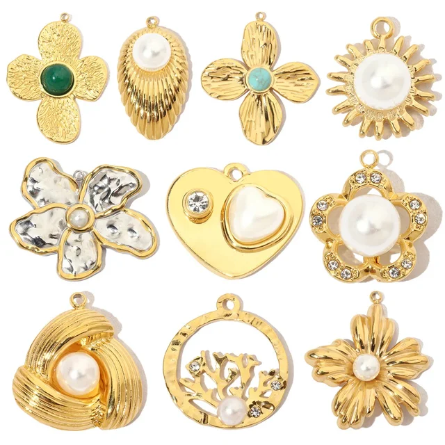 Boucles d'oreilles en pierre naturelle française, 3 pièces/lot, cœur, fleur, acier inoxydable, breloques pour femmes, perle, corail, pendentif, trèfle, bijoux 1