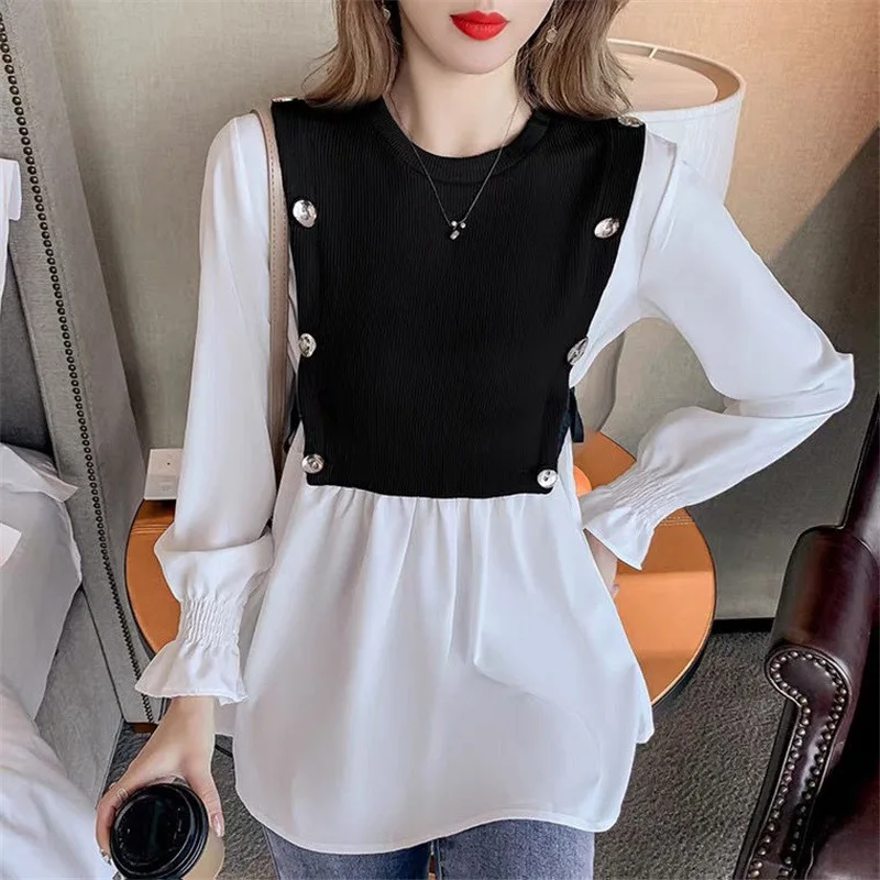 Elegant Sweet Chic Knit Patchwork Long Sleeve Button Fashion Blouse Shirts Women Autumn Casual Slim Pullover Top Female Clothing