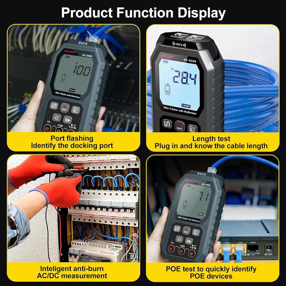 NOYAFA NF-8509 Network Cable Tester Digital Cat5 Cat6 PoE Tester Multimeter Cable Tracker Measure Length Wiremap Tester