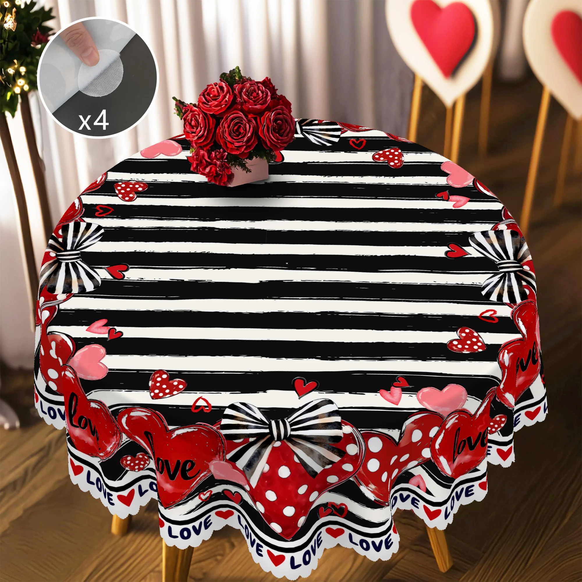 1 Piece Valentine's Day Round Tablecloth, 5 Sizes Available, Black and White Stripes Love Printed Tablecloth, Matching 4 Tablecloth Stickers, Edge Embossing Process, Valentine's Day Garden Tablecloth Decoration, for Daily Home Kitchen, Terrace, Gift