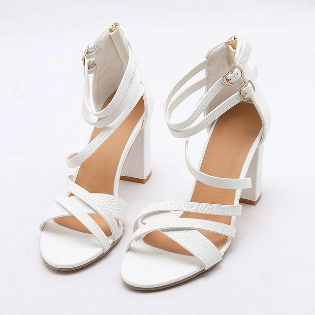 Summer White Cross Strap Open Toe Sandals Ladies Chunky High Heels