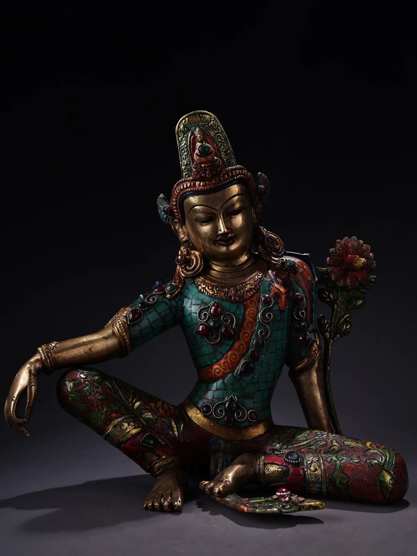 

11"Tibetan Temple Collection Old Bronze Outline in gold Painted mosaic Gem Green Tara Sitting Buddha worship buddha Town house