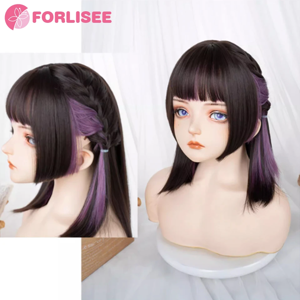 FORLISEE-Perucas curtas e retas com franja para mulheres, cabelo sintético natural roxo em camadas, fibra resistente ao calor, cosplay diário