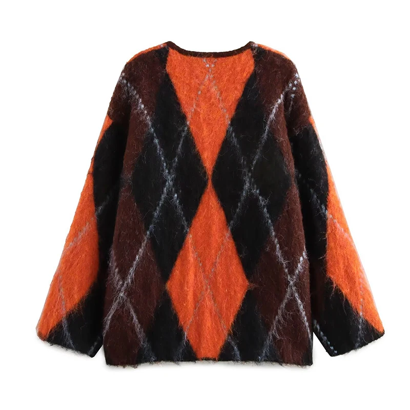 Mohair O-neck Contrast Color Knit Sweater Women Geometry Print Long Sleeve Loose Single-breasted Knitwear Lady All-match Top _