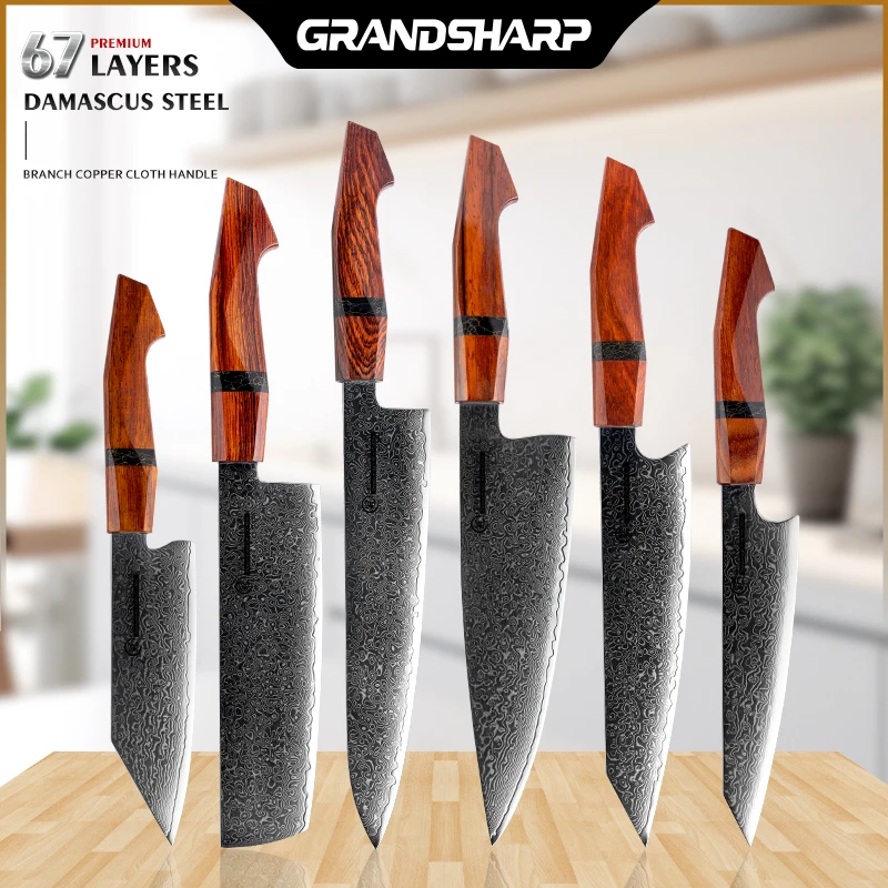 

Набор ножей Grandsharp из дамасской стали, профессиональный шеф-повар из дамасской стали, 67 слоев, 10Cr15C 0Mov, сантоку, с деревянной ручкой, 6 шт.