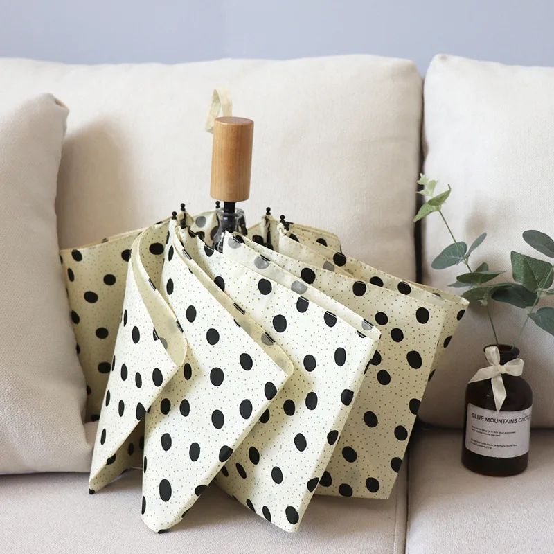 Folding Umbrella with Wooden Handle Small Fresh Vinyl Sun Umbrella Sun Protection Anti-UV Parasol  Literary Love