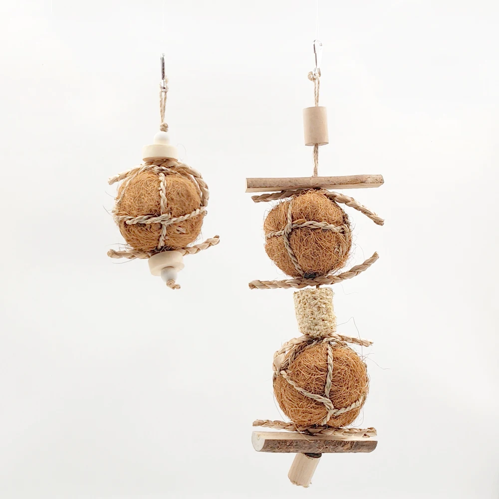 1 pc Natural Brown Silk Ball Bird Climb Hanging Toys Parrot Chew Toy Wooden Training Molar Toys for Bird Cage Pendant Supplies 6