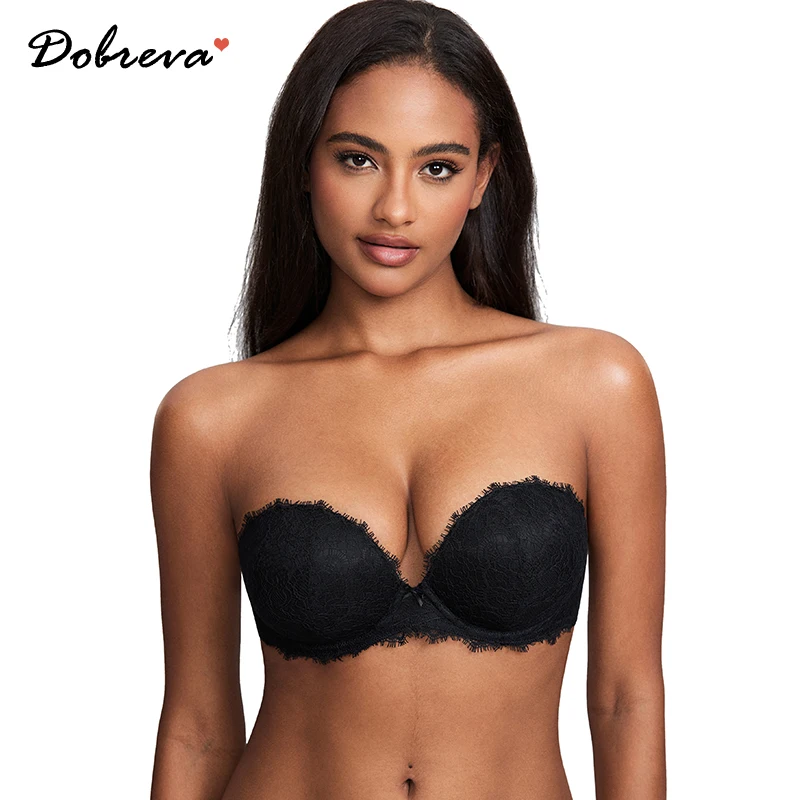 DOBREVA Women's Strapless Push Up Bra Lace Plunge Padded Underwire Plus S ize Bras Add 1 Cup