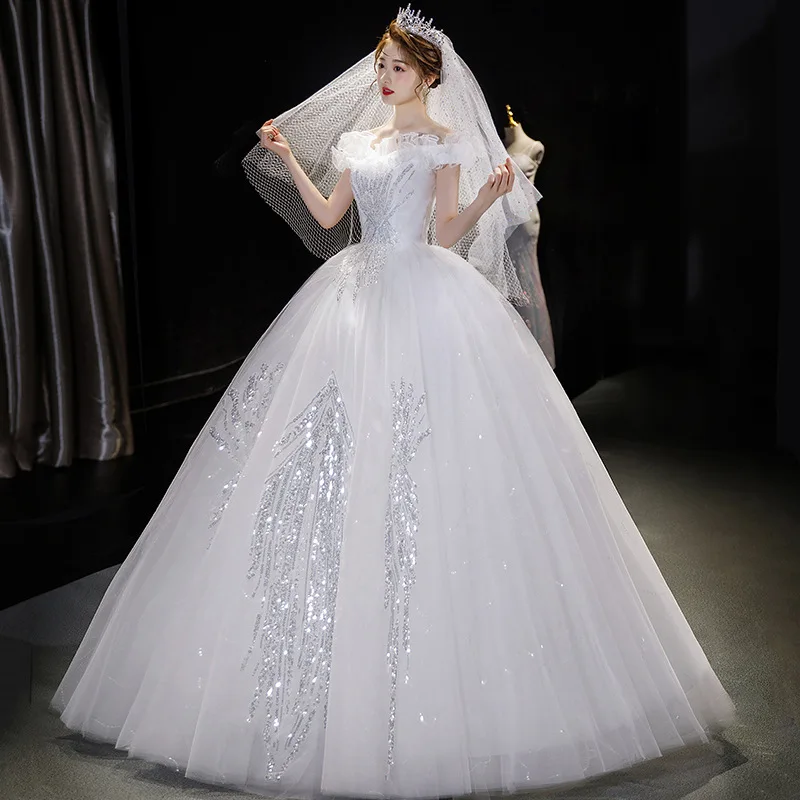

HMHS- A-1#Ball Gown Wedding Dress Boat Neck Lace up Marry Party Dresses White Sequin Cheap Wholesale Bridal Studio