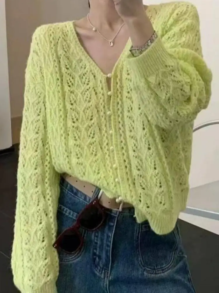 Autumn Winter Solid V Neck Single Breasted Knitted Cardigan Sweater Women Long Sleeve Hollowed Out Short Tops Fashion Streetwear