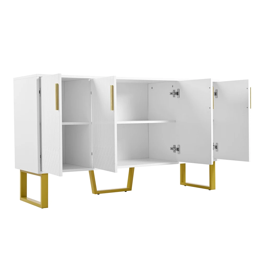 Modernes Hochglanz-Sideboard, mit 4 Türen, Metallgriffen und Beinen, geometrisches Design in Weiß, für Esszimmer, Küche, 140 l x 40 B x 80 H – Detail 17