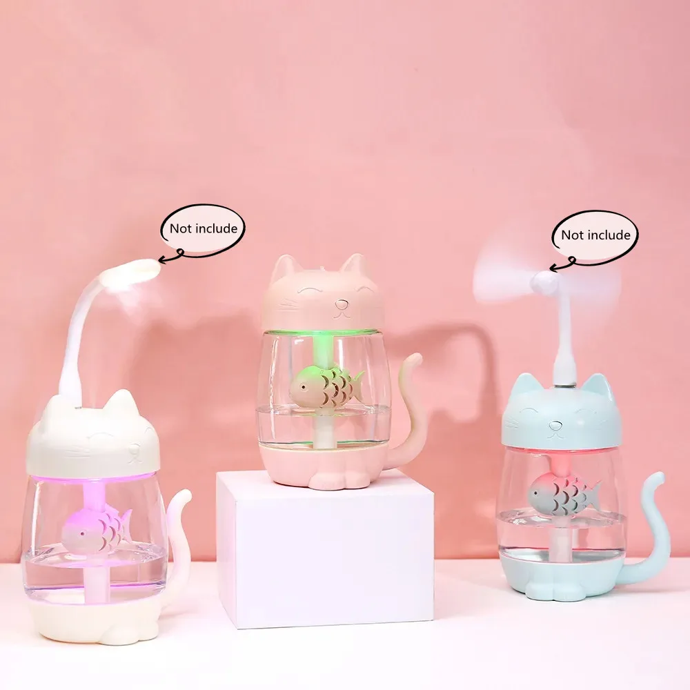 350ML Cat Air Humidifier With Color LED Light Ultrasonic 3 In 1 Adorable Cat Eat Fish Humidificador USB Aroma Diffuser Fogger