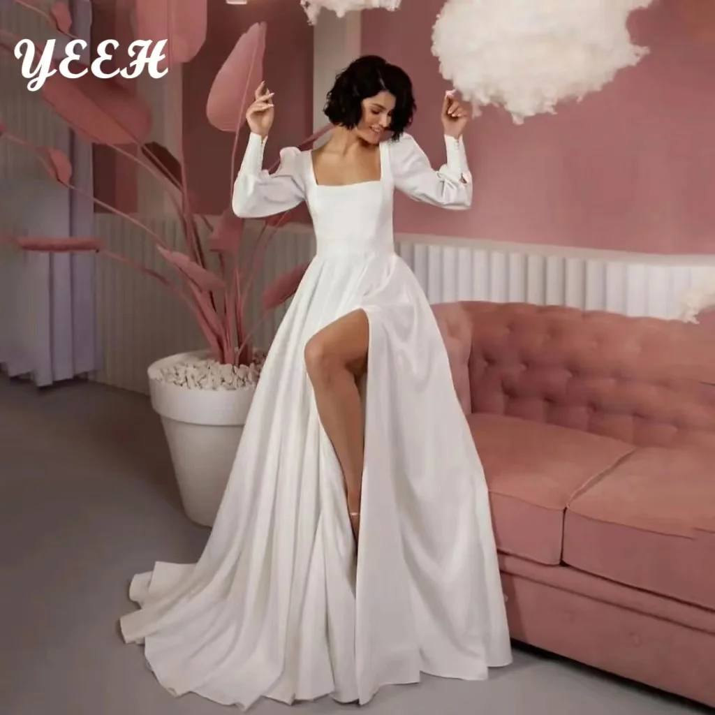 

YEEH Elegant A-Line Stain Wedding Dresses For Women High Split Square Collar Vestidos De Novia Pleat Simple Robe De Mariée2024