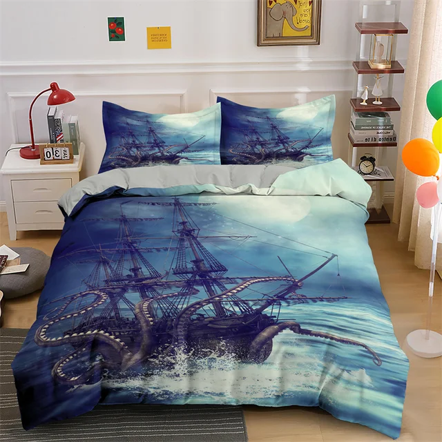 Blue Ocean Bedding Set Boat Octopus Duvet Cover Set Kids Bedding Single Twin Queen King Size Bedding Sets Personalized Bed Set