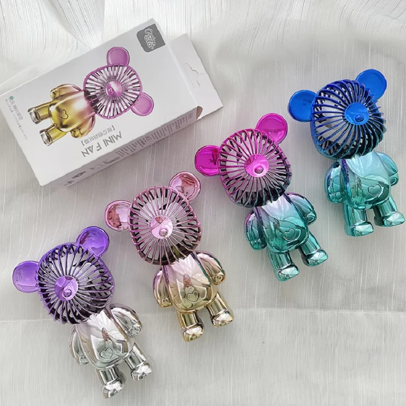 Fashion Color Doodle Bear Fan Usb Charging Three Gear Portable Gift Net Red Desktop Mini Gradient Eelectric Plated Bear Fan