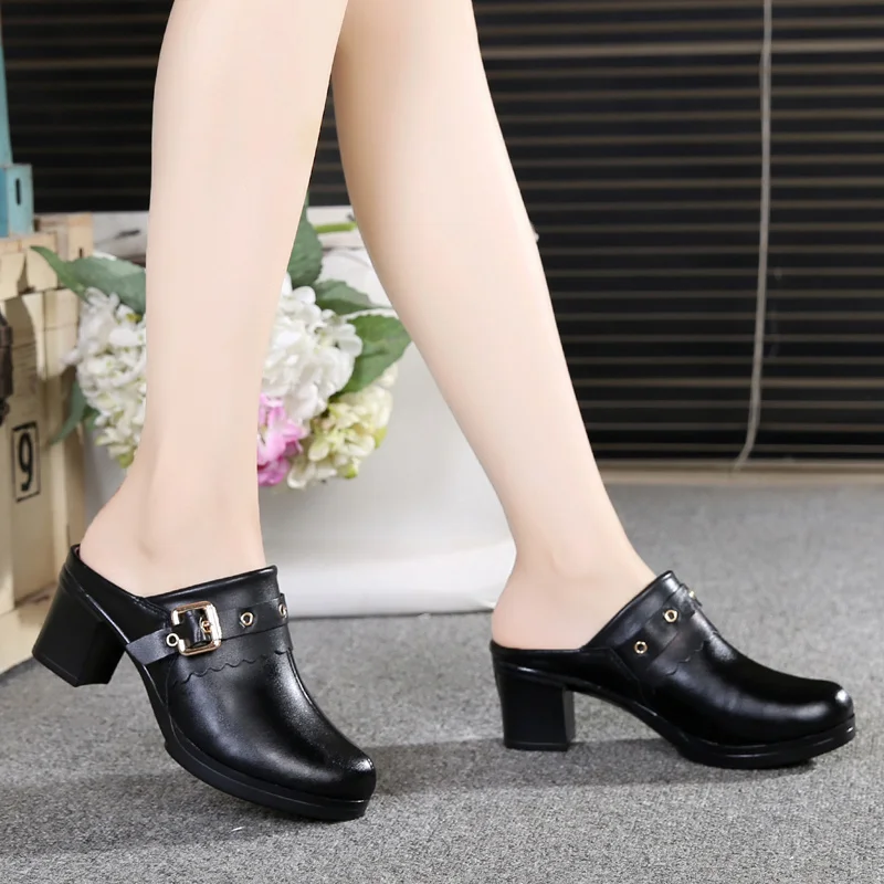 Fashion Women Pumps Slippers Ladies Female Slides Shoes Sandals 2022 Indoor Shopping Mall High-Heeled Slippers Genuine Leather