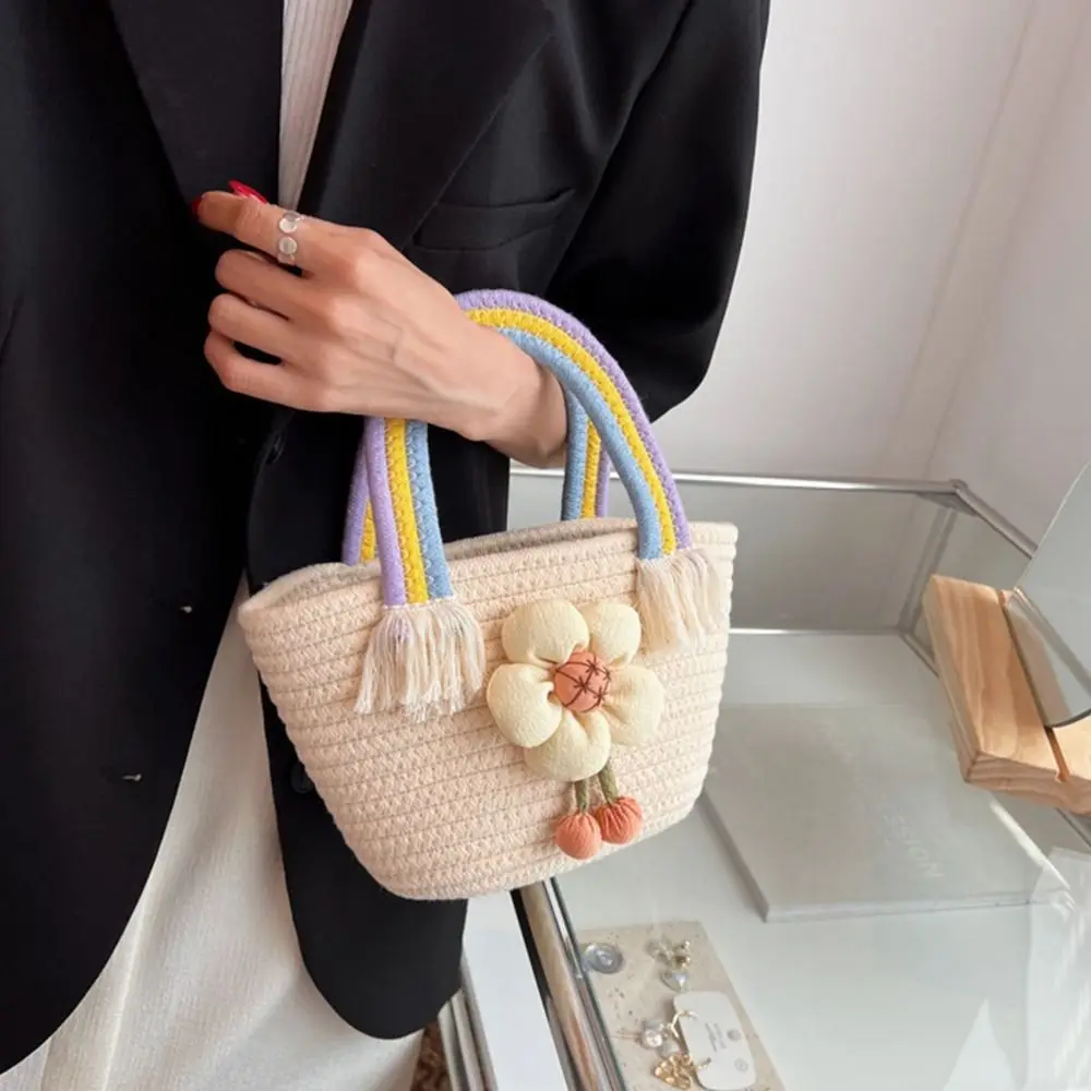 

Handbags Stereoscopic Flower Rainbows Handle Large Capacity Shoulder Bag Women Handbag Korean Bag Woven Rope Bag