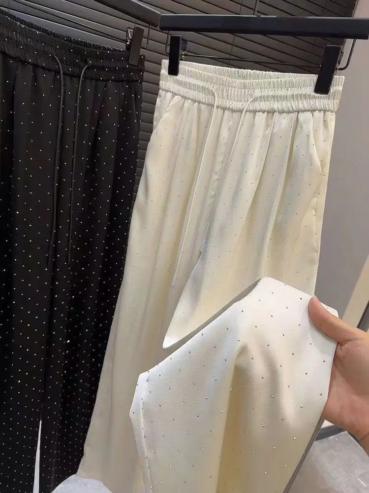 New Women High Waist Hot Diamonds Wide-legged Pants Summer Korean Chic Design Loose Straight-legged Pants Elastic Waist Trouser