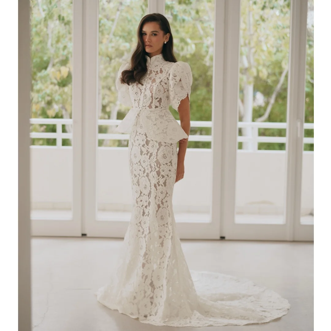 2 Pcs Evening Dresses Short Sleeves Lace Jacket Transparent Mermaid Prom Dress Elegant Party Gown Gala Vestidos Customized 1