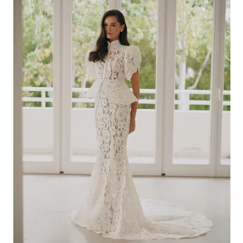 2 Pcs Evening Dresses Short Sleeves Lace Jacket Transparent Mermaid Prom Dress Elegant Party Gown Gala Vestidos Customized 1