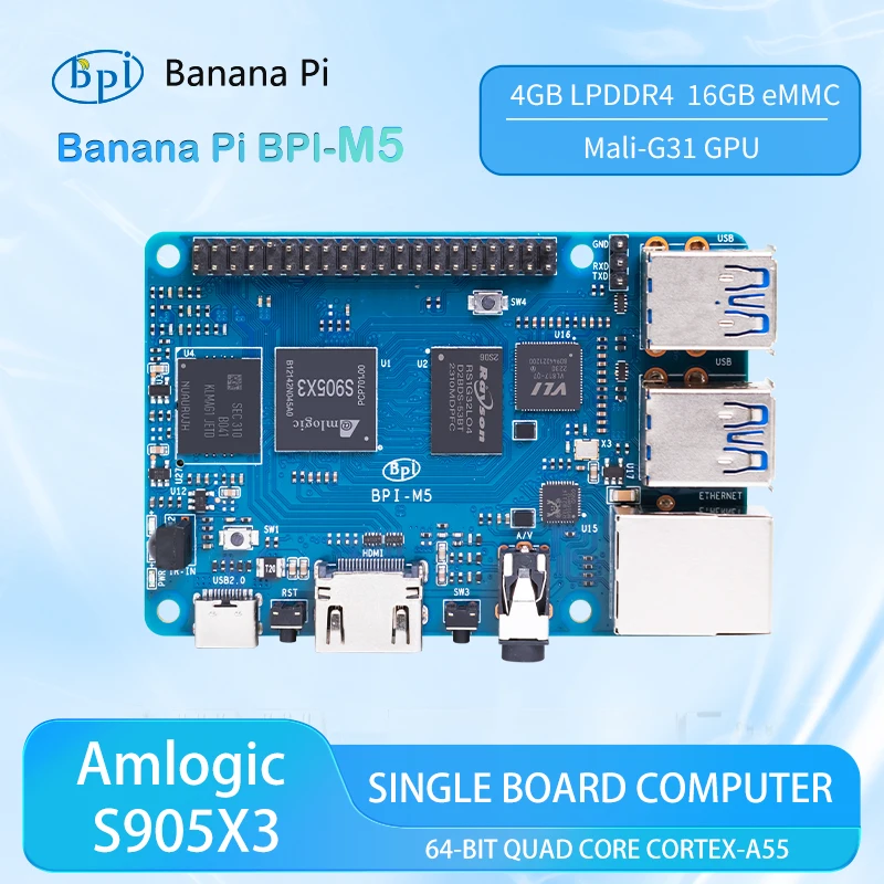 Banana PI BPI-M5 Single Board Computer Amlogic S905X3 Quad Core 4GB LPDDR4 RAM 16GB eMMC Flash Support Linux Raspberry Pi Orange Pi dev