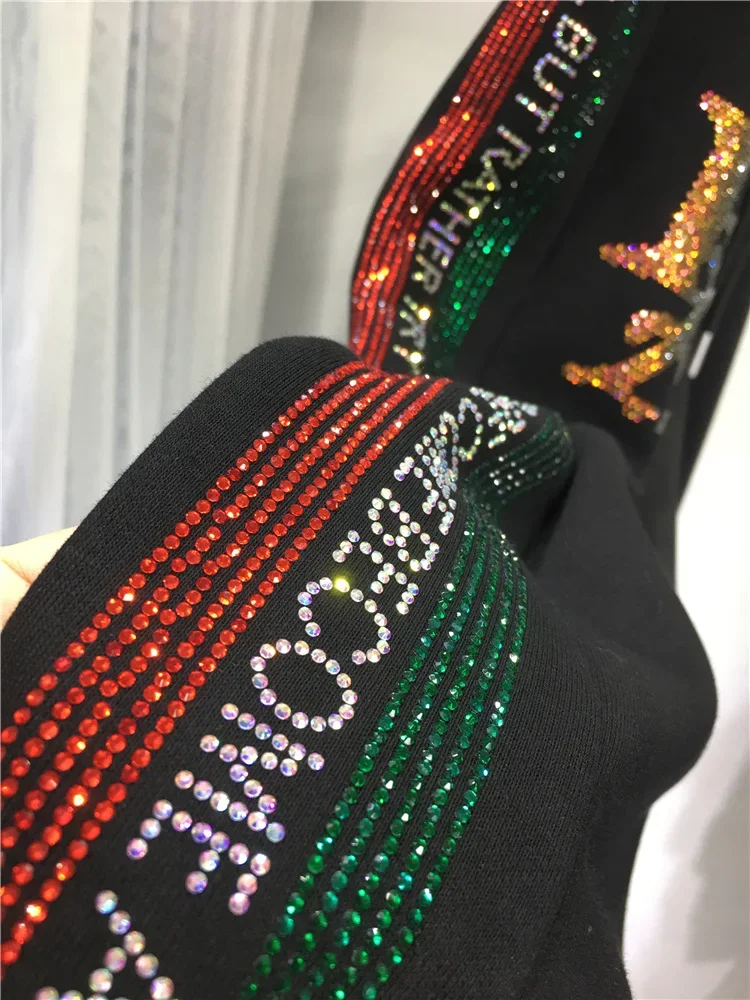 Side Letters Stripes Hot Drill Women Sweatpants Fashion Autumn Winter Thicken Fleece Casual Trousers Diamonds Black Sport Pants